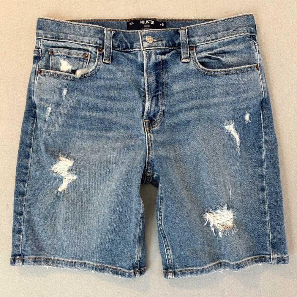 Hollister Epic Flex Loose Fit Distressed Denim Shorts Mens 31 Medium Wash Ripped